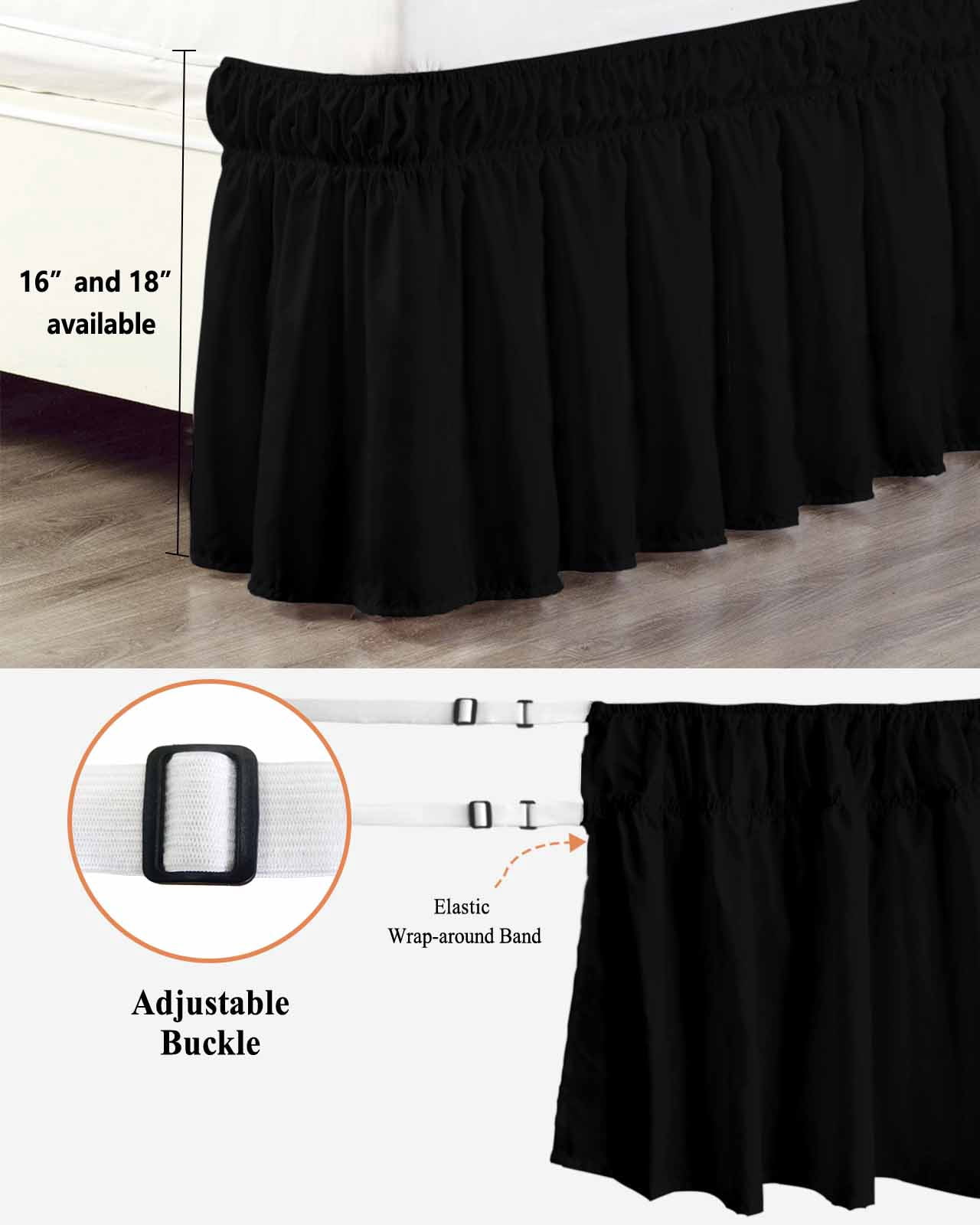 Black Bed Skirt Cal King Size, Pure Black Wrap Around Bed Skirting with Adjustable Elastic Strap, Dust Ruffled Pleated Bedskirts 18 Inch Drop for Bedroom Cal King Beds