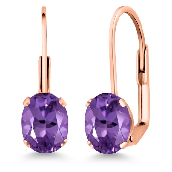 Gem Stone King Purple Amethyst Rose Gold Plated Leverback Earrings for Women (1.50 Cttw, Gemstone February Birthstone, Oval 7X5MM)