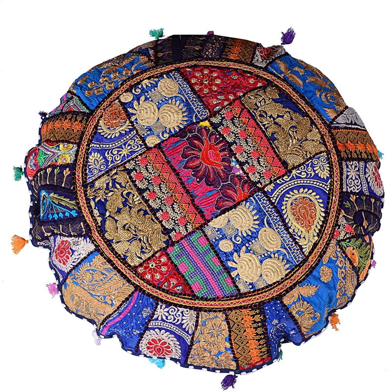 Indian Handmade Patchwork Codework Round Pouf Cover Ottoman Floor Pillow Cushion Seating Throw Decorative Pillow Cases
