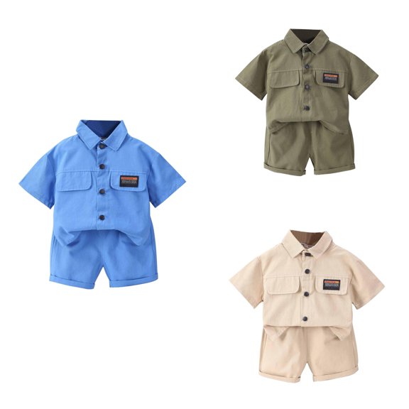 Ahuyic Summer Toddler Kids Clothing Set,Shirt and Short Pants Set Boys Girls Printed Collar 2 Piece Outfits Children's Casual Set 4-5 Years Blue