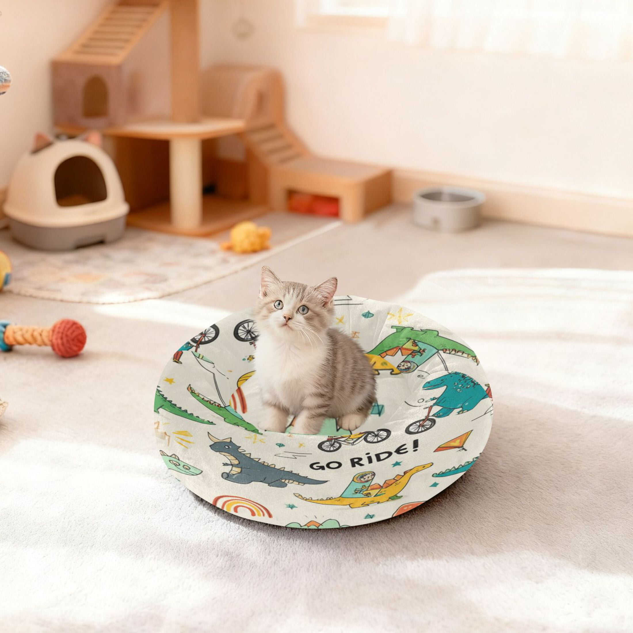 Iauyy Pet Couch Donut Cat Bed for Indoor Cats/Small Dogs Washable & Machine with Non-slip Bottom Calming Cat Furniture, Cute Little Dinosaur (M)