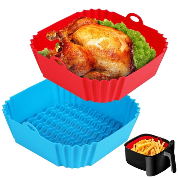 8-Inch Square Silicone Air Fryer Liners, Set of 2 – Reusable, Non-Stick, Fits 4-7 Qt Air Fryers, Oven & Microwave Safe, Red & Blue