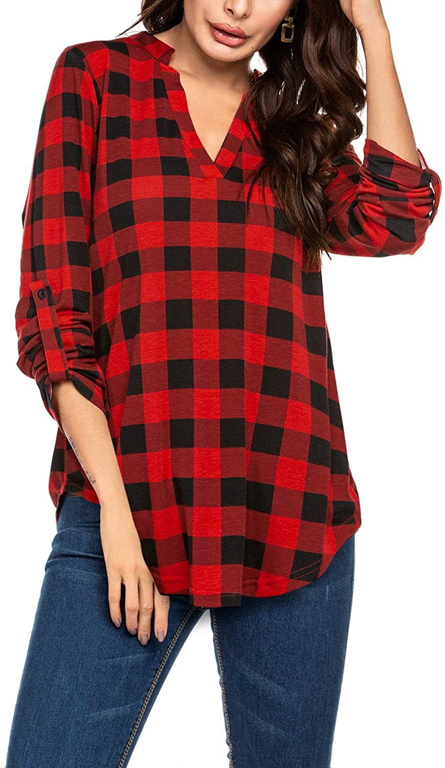 Hotouch Women's Plaid Shirts Casual Notch V Neck Blouse Cuffed Long Sleeve Pullover Soft Tunic Tops