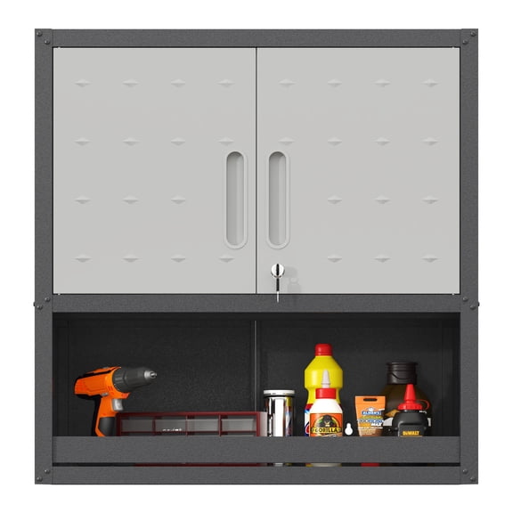 E-Western Metal Wall-Mounted Tool Storage Cabinet with Locking Doors and Shelf Garage Office Warehouse Durable Steel Black Gray