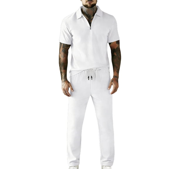Aofany Mens Casual Sets 2 Piece Outfits Summer Tracksuit Lapel Short Sleeve T Shirts and Pants Suit