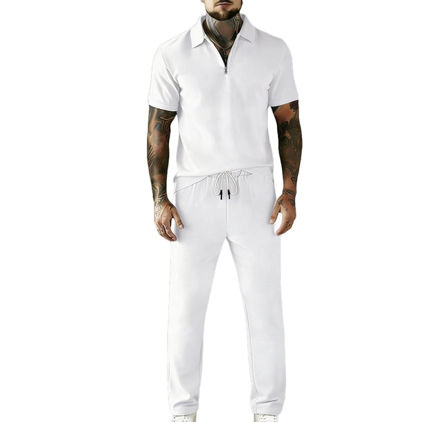 Pantalones de Cintura Elástica para Hombre Set Casual de Verano con Cremallera de Manga Corta Y Pantalones de Bolsillo con Cordón con Bolsillos de Cremallera para Hombres