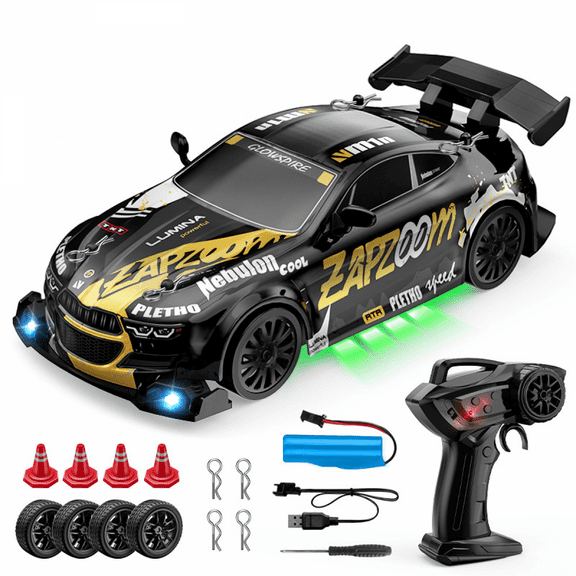 RC Race Car - 1/24 4WD Remote Control Drift Car with Lights & Swappable Tires for Kids Age 3 (Black)