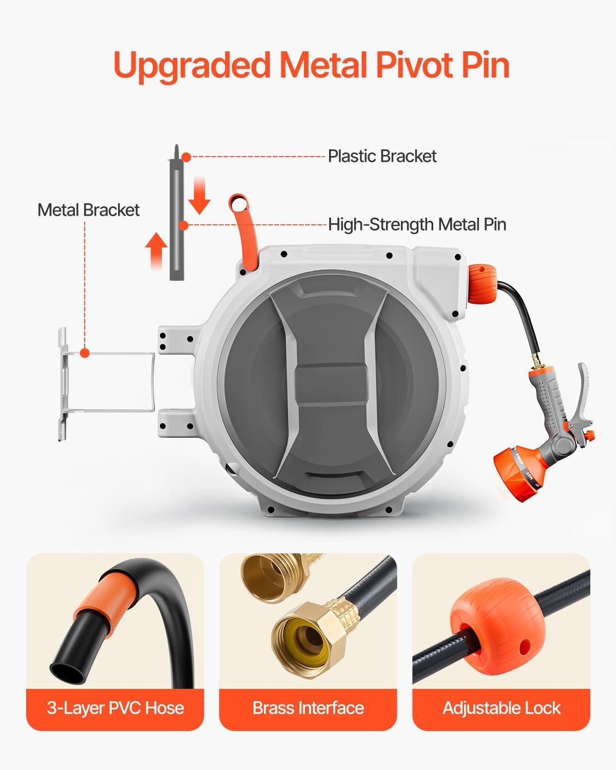 Retractable Garden Hose Reel  5/8 Inch X 100 Ft Wall Mounted Heavy Duty With 9 Patterns Nozzle Any Length Lock Upgraded Slow Return System And 180°swivel Bracket