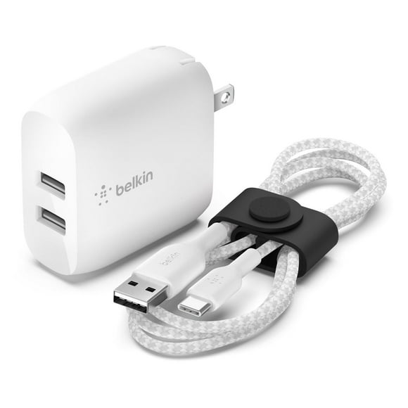 Belkin 24W Dual Port USB Wall Charger - USB C Cable Included - iPhone Charger Fast Charging - USB Charger Block for Power Bank, iPad & iPad Pro, Samsung Galaxy S20, Samsung Note, Google Pixel & more, BELKIN DUAL USBC WL CHRG