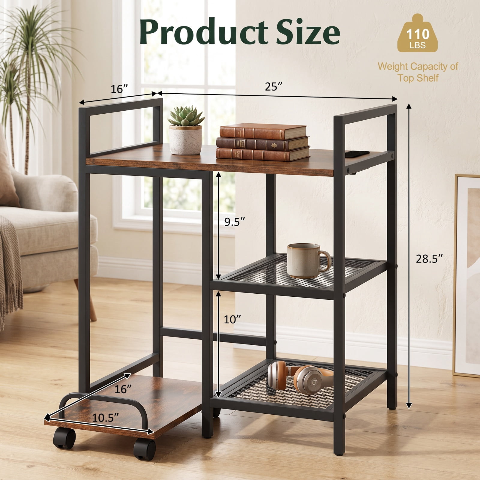 Furnibear Printer Stand with Charging Station and Storage Shelves for Home Office Printer Machine Under Desk Storage, Rustic Brown