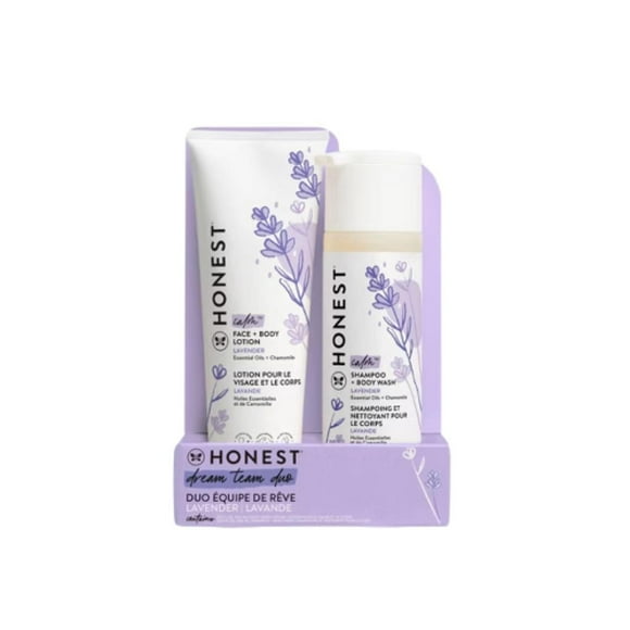 Honest Dream Team Duo - Lavanda de Honest para niños - 2 piezas de champú y gel de baño de 10 oz, loción para rostro y cuerpo de 8,5 oz