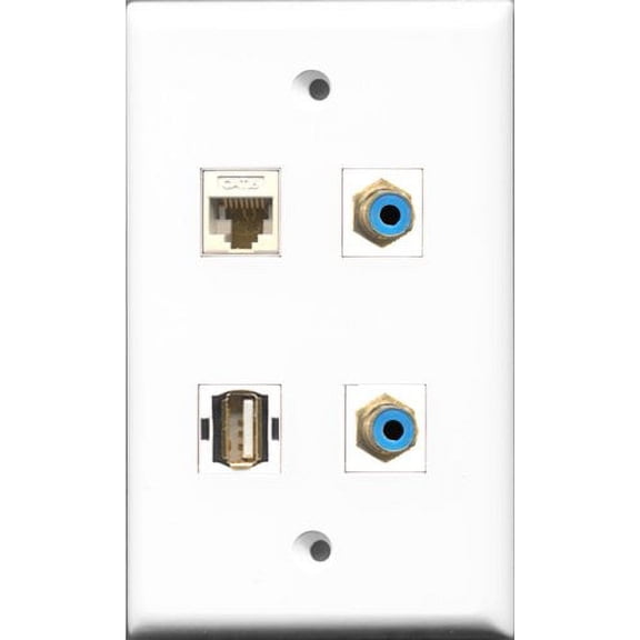 RiteAV - 2 Port RCA Blue and 1 Port USB A-A and 1 Port Cat6 Ethernet White Wall Plate