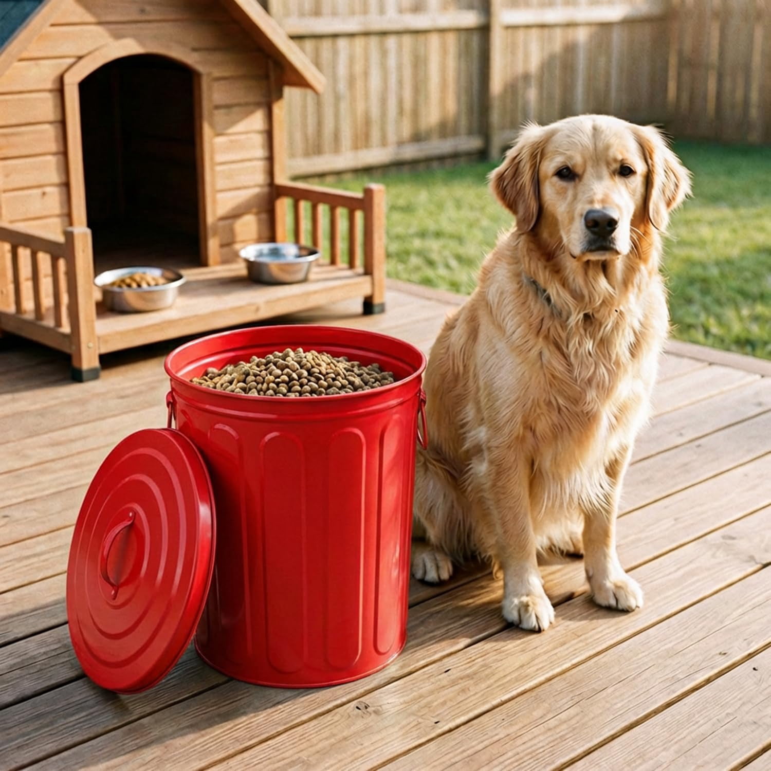WBTER 5 Gallon Small Metal Trash Can with Lid Outdoor Galvanized Steel Bucket with Lid 5 Gal Storage Can for Dog Food Bird Seed Storage Container Rodent Pet Proof, Red