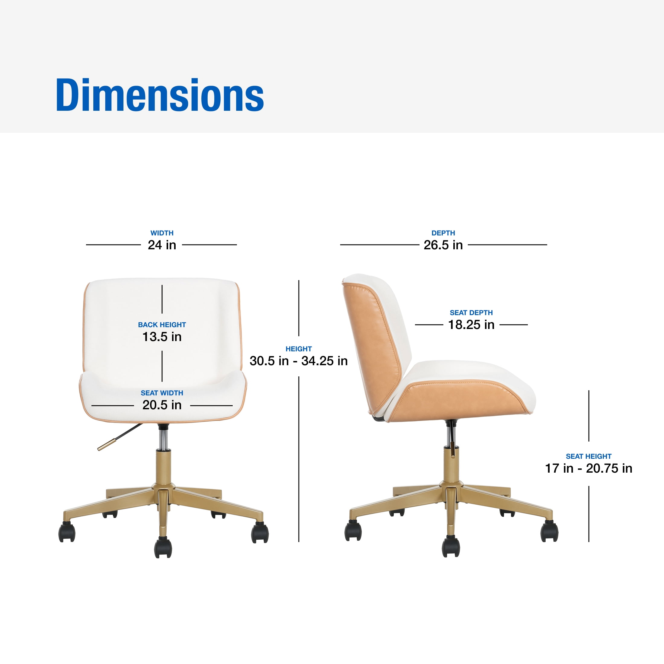 Mainstays - Fauteuil de bureau Daphne, tissu blanc avec similicuir fauve