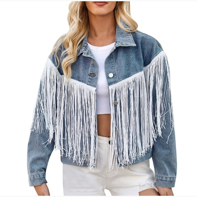 Timegard Veste en Denim pour Femmes à Boutons, Manches Longues, Courte, à Franges et à Pampilles, Gilet en Jean, Veste Mode