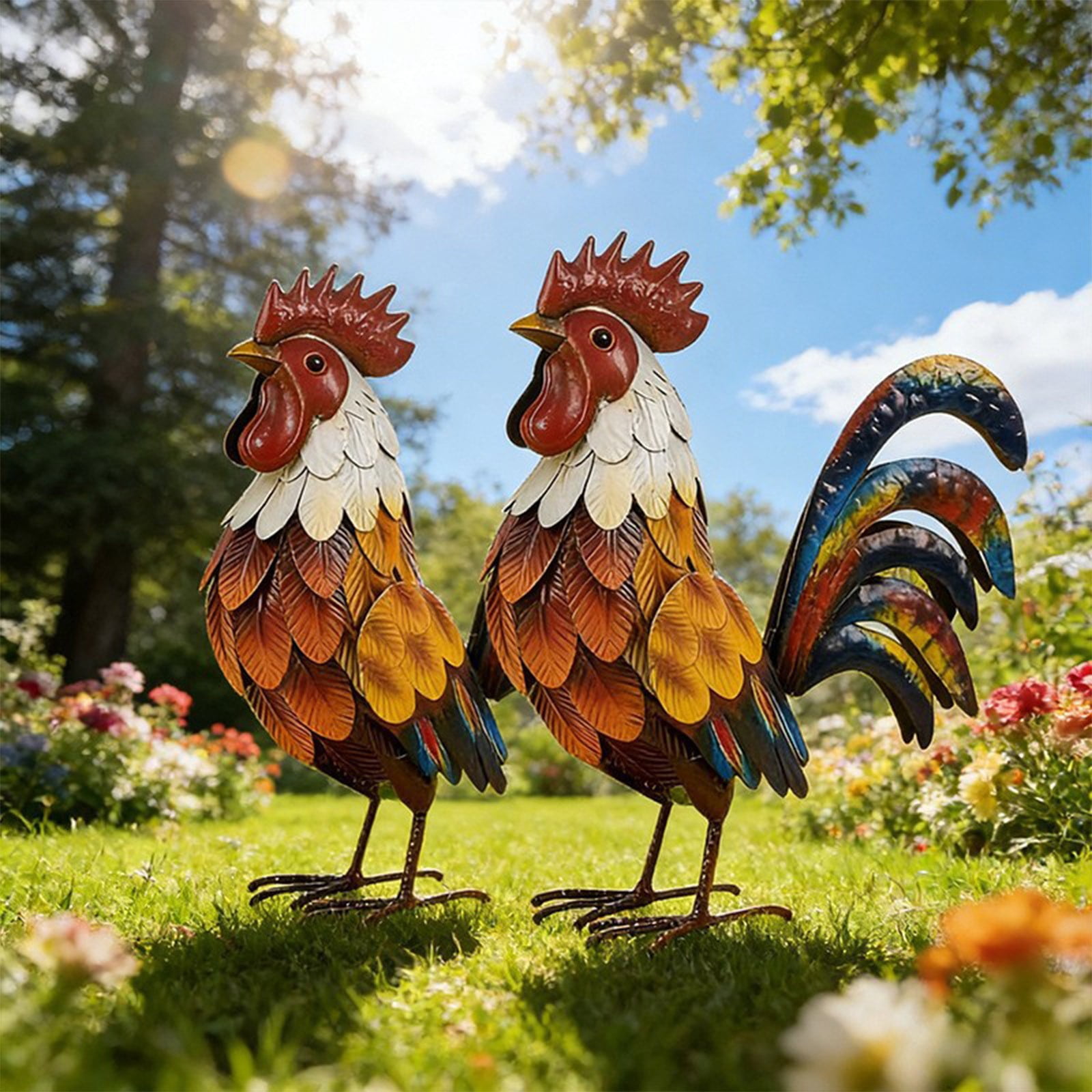 Pxyqht Iron Stereoscopic Rooster Ornament Outdoor Garden Courtyard Decoration Simulation Metal Yard Art Farmhouse Statue 10x13in