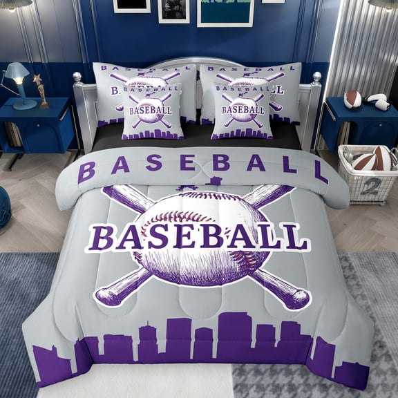 Homewish Ball Sports Player Twin Bedding Sets 7-Piece, Grey Purple Cartoon Baseball Bedding Comforter Set, Teens Kids Boys Girls Reversible Sheet Sets, Breathable Home Decor