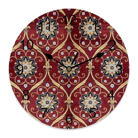 Wall Clock 12 Inch Retro Red Glod Damask Round Silent Decorative Wall Clocks Battery Operated for Living Room Bedroom Kitchen Classroom Decor, Exquisite Italian Symmetrical Floral