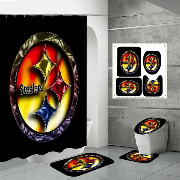 4 Pcs Shower Curtain Set with Toilet Lid Cover Mat Non-Slip Rug Bath Mat and Waterproof Shower Curtains with Hooks American Sports Football Bathroom Decoration Machine Washable