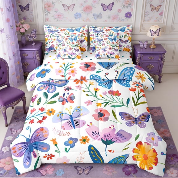 Manfei Floral Butterfly 7-Piece Twin Bedding,Romantic Flowers Bedding Comforter Set,Reversible