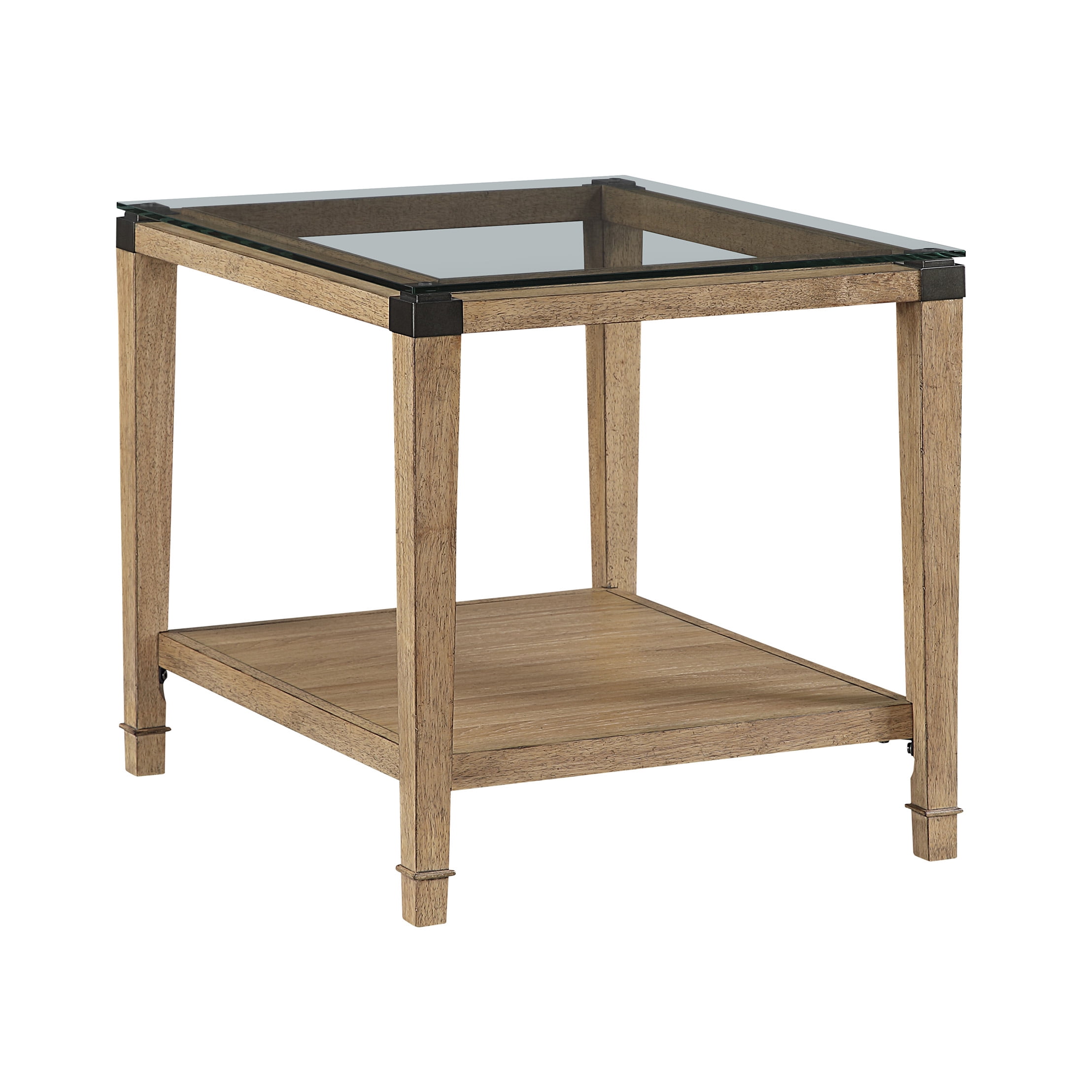OakvillePark Velor Wood End Table with Tempered Glass Table Top, Open Shelf, Brown