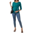 thumbnail image 2 of INSPIRE CHIC Womens V Neck Blouse 3/4 Sleeves Nursing Shirts Solid Ribbed Knitted Buttons Decor Ruched Maternity Tops Large Peacock Blue, 2 of 6