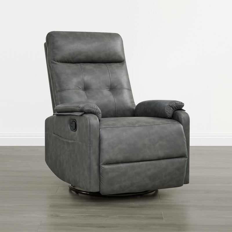 Spruce & Spring Manual Swivel Recliner Chair with Storage Pocket & Cup Holders for Living Room & Bedroom, Gray Faux Leather