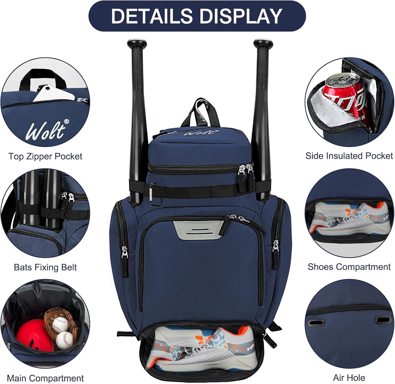 WOLT Baseball Bag Backpack for Youth Boys Adults Baseball Bag Multifunctional Sport Backpack for Ball Darkblue