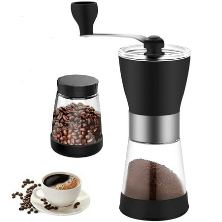 Manual Coffee Bean Grinder, Hand Coffee Mill with 2 Glass Jars Ceramic Burr Stainless Steel Handle for Drip Coffee, Espresso, French Press, Turkish Brew