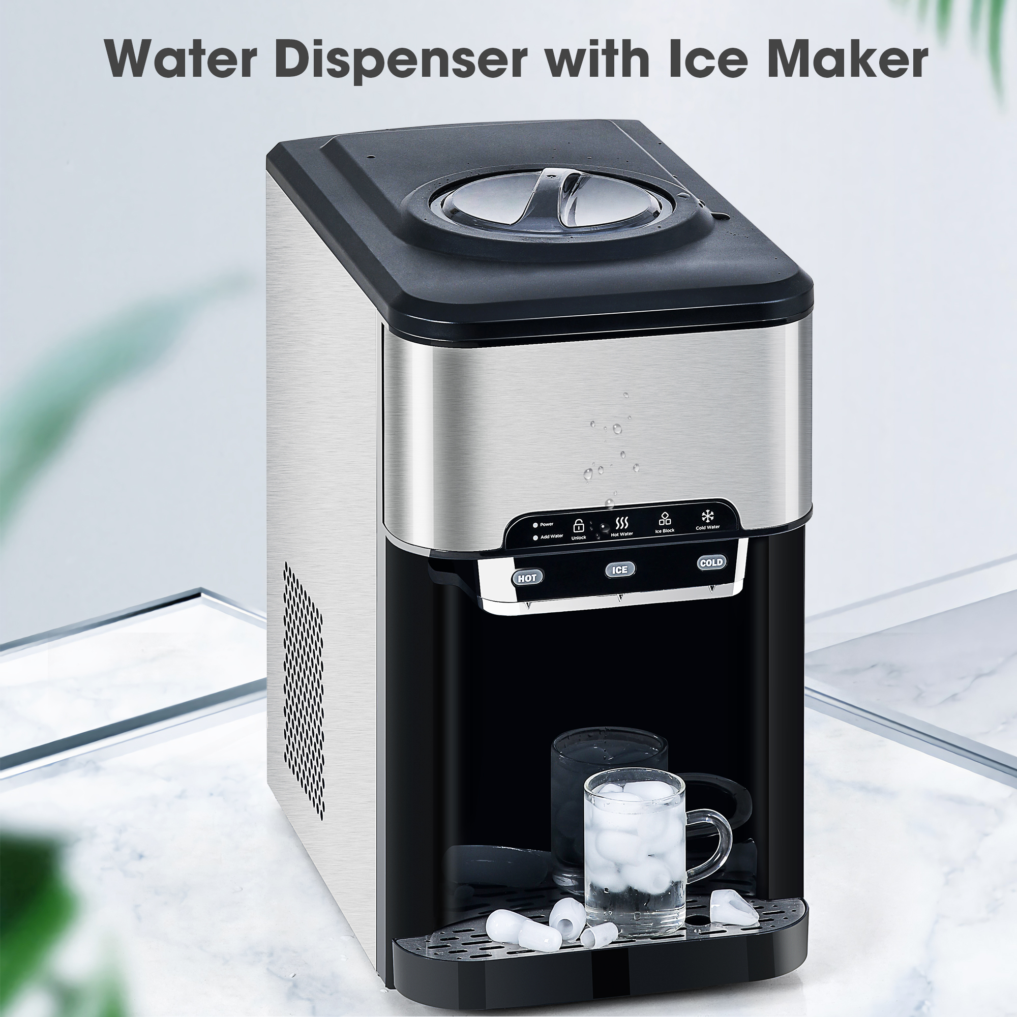 3 in 1 Water Dispenser with Ice Maker Machine Countertop, Portable Water Cooler, Quick 6 Mins Ice-making, Hot & Cold Water and Ice, Stainless Steel - image 1 of 10