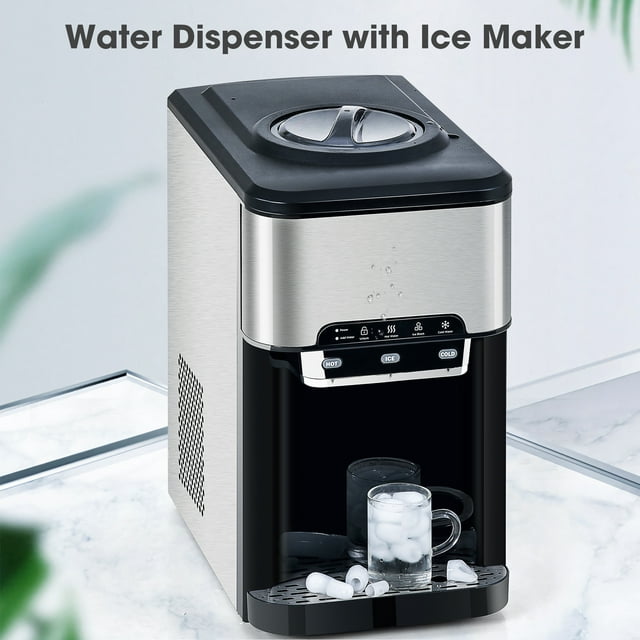 3 in 1 Water Dispenser with Ice Maker Machine Countertop, Portable Water Cooler, Quick 6 Mins Ice-making, Hot & Cold Water and Ice, Stainless Steel