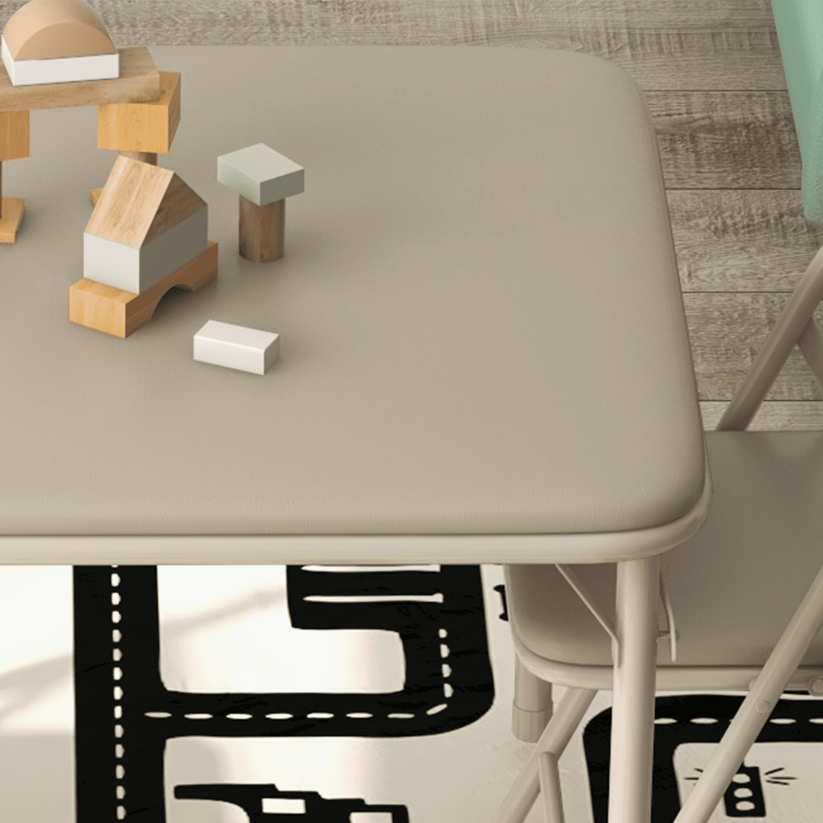 Rugerasy 3PC Folding Upholstered Table and Chair, Square Card Table and Chair Set with Pu Soft Cushion, Metal Frame Activity Table and Chairs Set for Daycare and Classroom,Beige