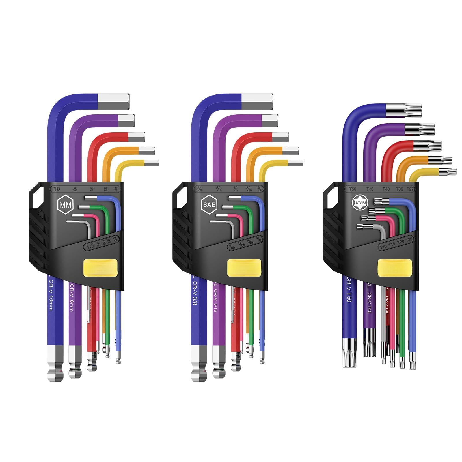 Hex Keys Set - Allen Key & Torx  Metric/imperial 27pcs Wrench Long Arm Ball Head Design With T-handle Color Coding 1.5-10mm T10-t50 1/16-3/8