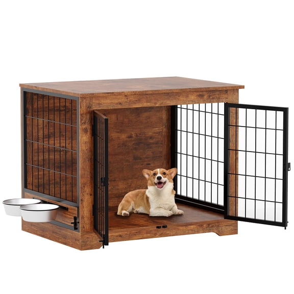Accreate IDEALHOUE Dog Crate Furniture with Rotating Feeder, Furniture Style Dog Crate with Customizable Door, Indoor Dog Cage with 2 Stainless Steel Bowls, 200LBS Capacity Wooden Dog Kennel