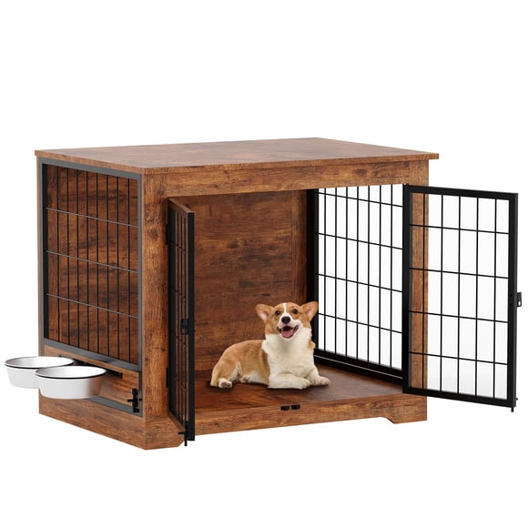 QinaQin Jaula mueble para perro con comedero giratorio, kennel de madera para interior con puerta personalizable y 2 tazones de acero inoxidable, ideal para integrar en casa
