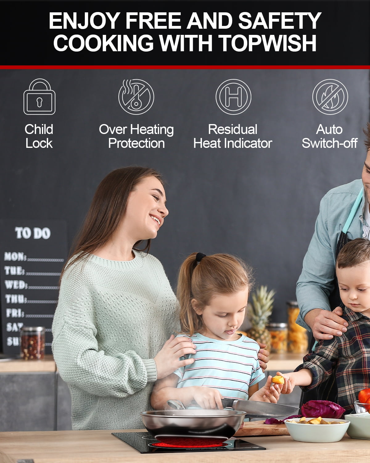 TOPWISH 12" 2-Burner Electric Cooktop, Built-In Ceramic Stove Top, 1800W, 110–120V Plug-In, Touch Control, 9 Power Levels, Timer, Child Lock & Overheat Protection