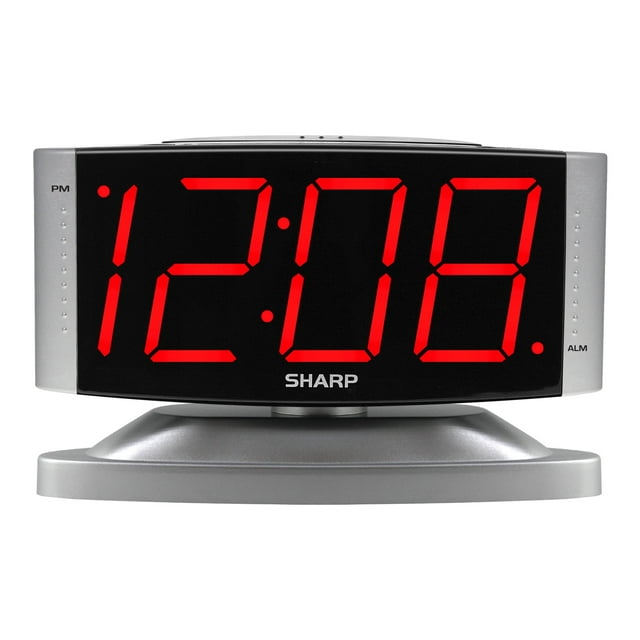 Reloj despertador digital LED Sharp, base giratoria, caja plateada, pantalla roja, SPC033D