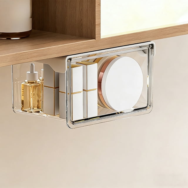 Transparent Mirror Cabinet Storage Box, Waterproof Bathroom Sink Organizer Drawer Style, Hanging Under Shelf Clear Plastic Container for Vanity Wardrobe with Snap Lid, White