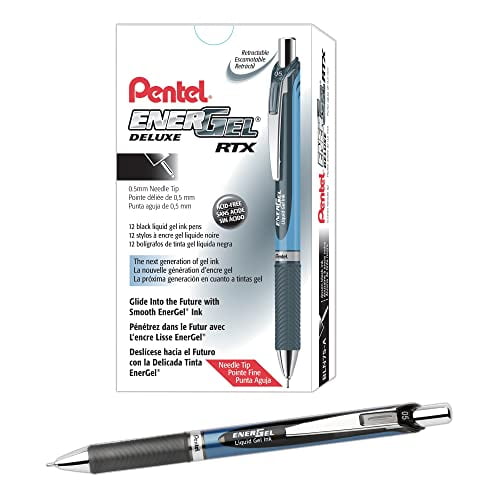 EnerGel RTX Retractable Liquid Gel Pen (0.5mm) Needle Tip, Fine Line, Black Ink, 12 Count