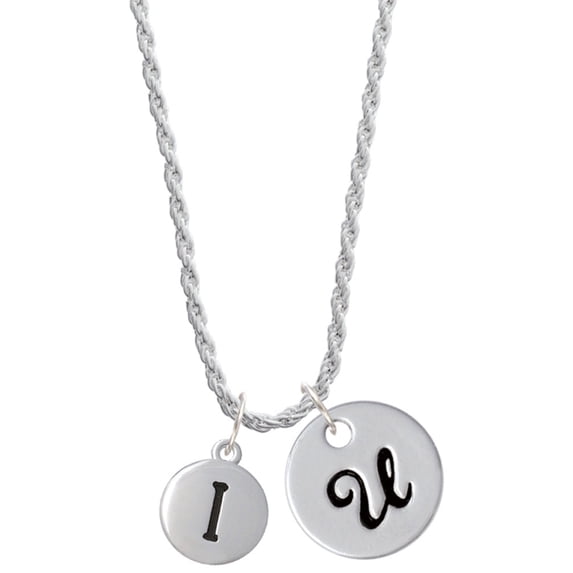 Delight Jewelry Silvertone Capital Letter - I - Pebble Disc - Silvertone Script Initial Disc - U - Charm Necklace, 20"+3"