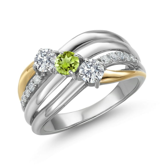 Gem Stone King 925 Silver and 10K Yellow Gold Lab Grown Diamond and Green Peridot and Lab Grown Diamond Engagement Ring for Women | 0.99 Cttw | Round 4MM | April Birthstone | Size 7