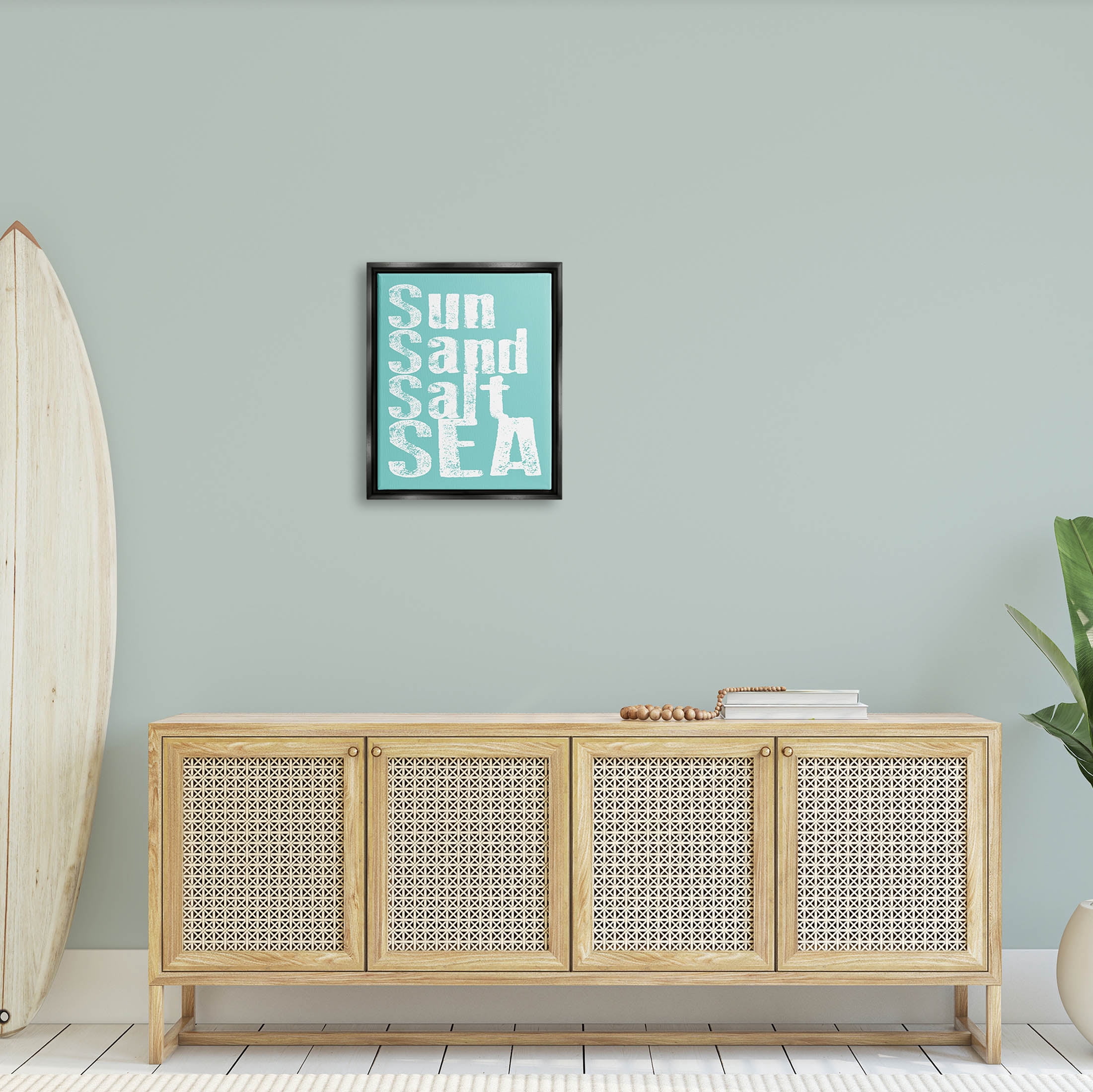 Stupell Industries Sun Sand Salt Sea Phrase Graphic Art Jet Black Floating Framed Canvas Print Wall Art, Design by Alli Rogosich