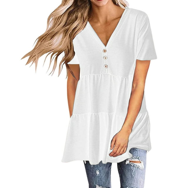 asjyhkr Womens Short Sleeve Tops Oversized V Neck Loose Fitting Comfy Lightweight Soft Tees Solid Color