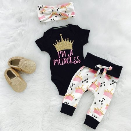 

Newborn Toddler Baby Girls Princess Crown Print Rompers+Pants 3pcs Outfits Set