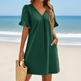 thumbnail image 5 of QIJIE Shift Dress for Women V Neck Short Sleeves Solid Color Casual Flowy Summer Dresses(S-2XL) Dark Green XL, 5 of 5
