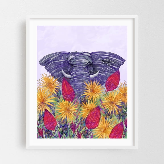 Where Giants Bloom - Mixed Media Floral Wildlife Illustration Modern Art Nature White Framed Wall Art Print 6 x 8 inches