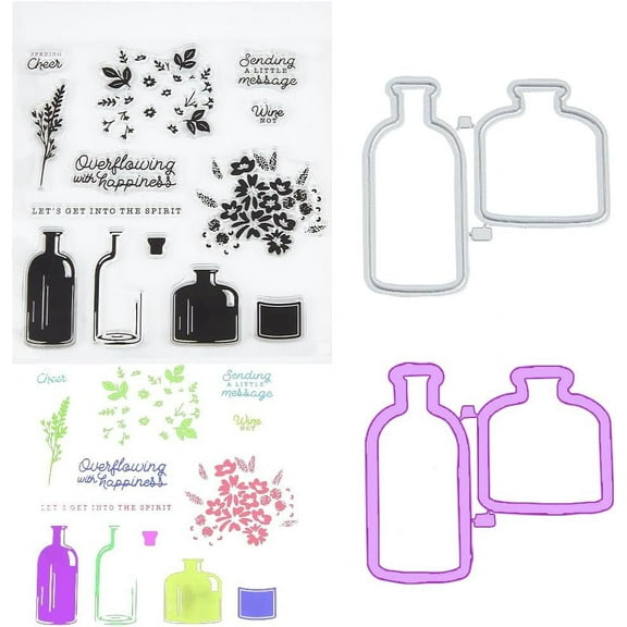 1Pc Clear Silicone Stamps with 1Pc Carbon Steel Cutting Dies Stencils for DIY Scrapbooking Photo Album Decorative Cards Making Bottle Stamps: 139x139x3mm Stencils: 52.5x57.5x0.8mm