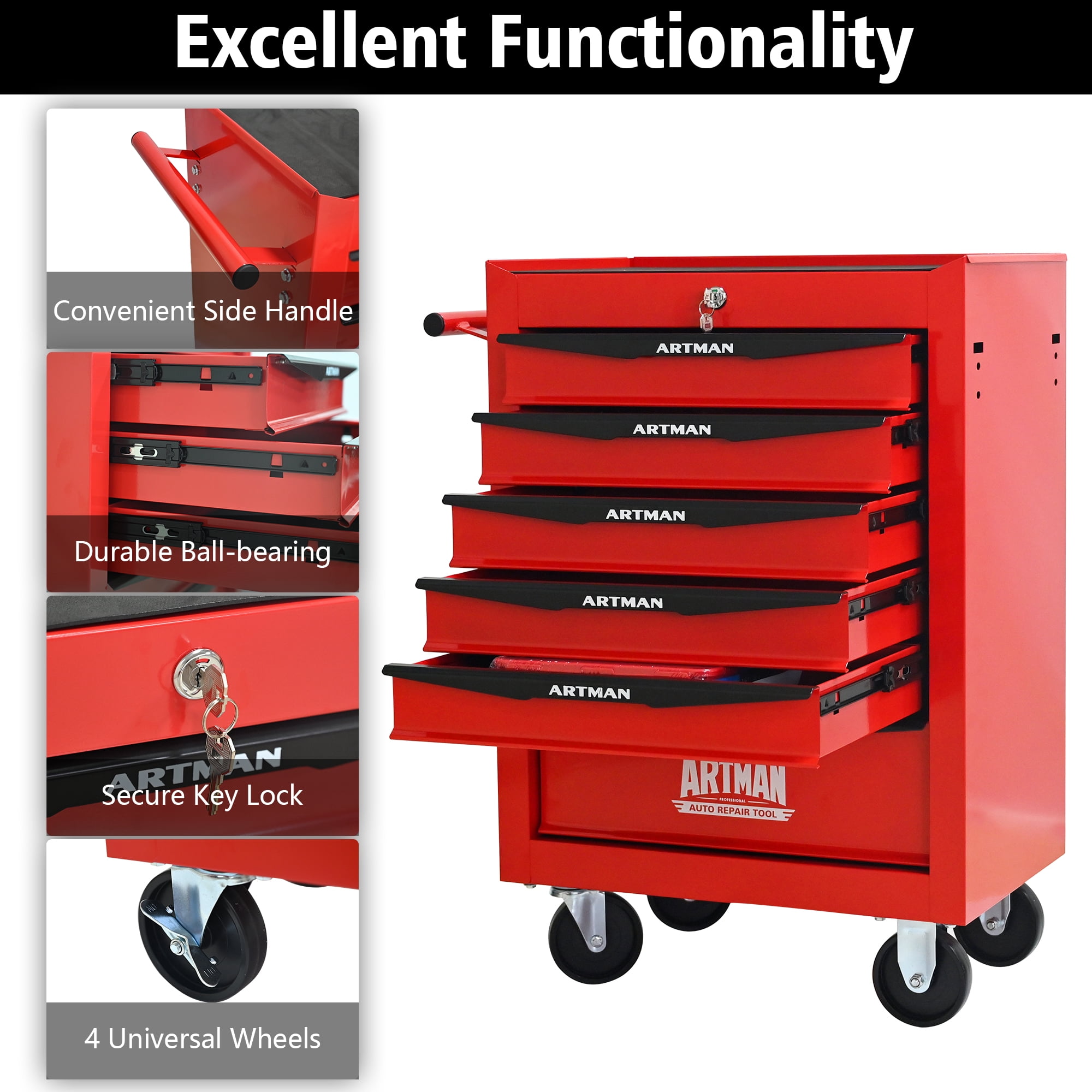 E-Western Rolling Metal Tool Chest with 6 Drawers 20 Inch Steel Storage Cabinet on Wheels Red Black 4 Casters Lockable Durable Heavy Duty
