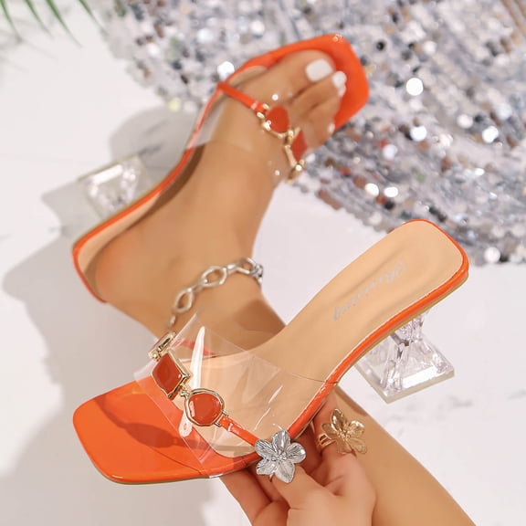 Xdegoge Womens Clear Heels Sandals Plus Size Open Toe Summer Beach Shoes Transparent Strap Dressy Slippers Strolling Walking Ladies Party Slides