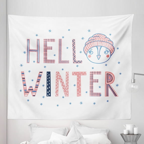 Winter Tapestry, Hello Winter Typographic Text with Funny Face in a Hat Surrounded by Snowflakes, Fabric Wall Hanging Decor for Bedroom Living Room Dorm, 5 Sizes, Multicolor, by Ambesonne